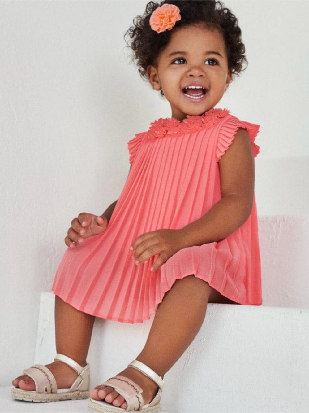 Mayoral Girls Coral Pleated Dress with Floral Neck